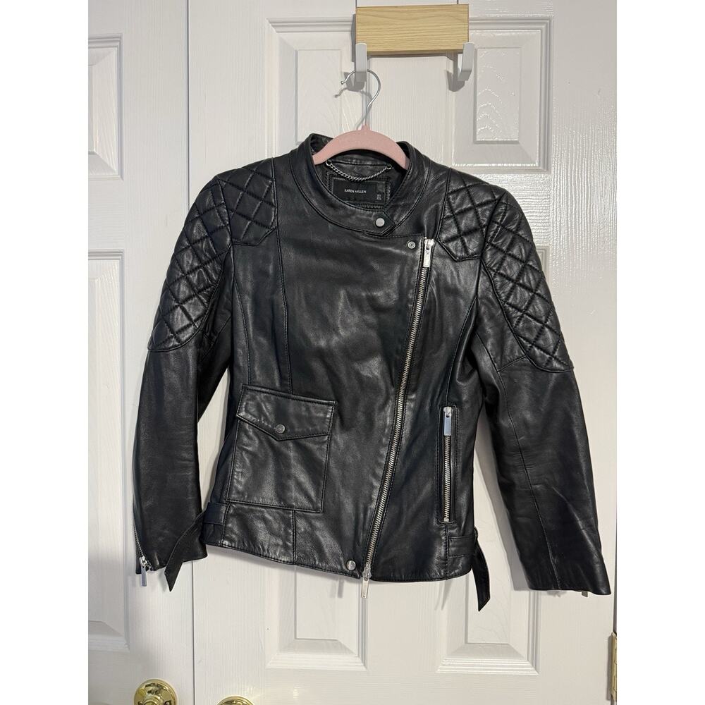 Karen Millen Black Lamb Leather Moto Jacket Quilted Shoulder Biker Sz US 4 UK 8